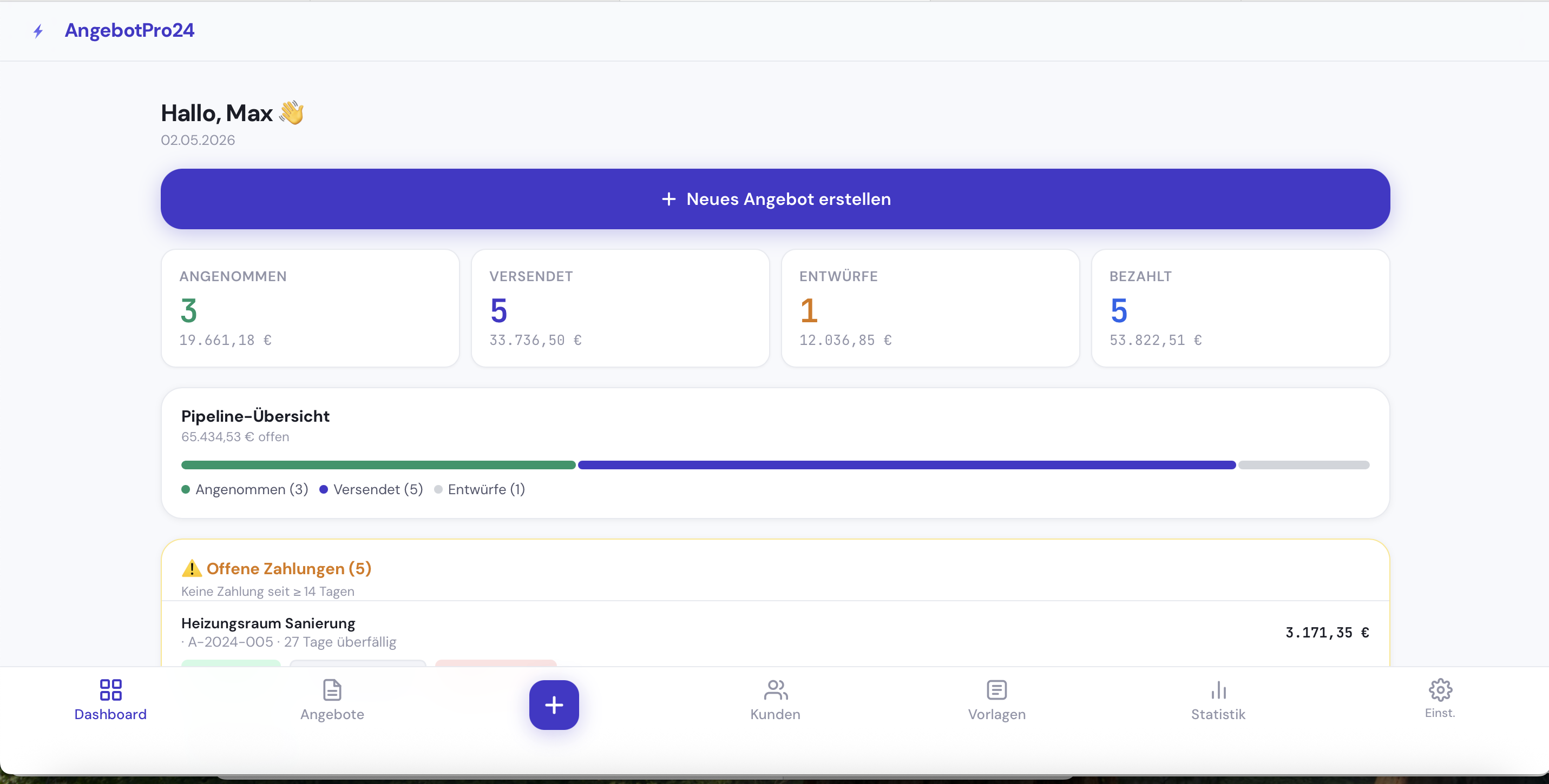 AngebotPro24 Dashboard – Pipeline, Umsatz und offene Rechnungen auf einen Blick